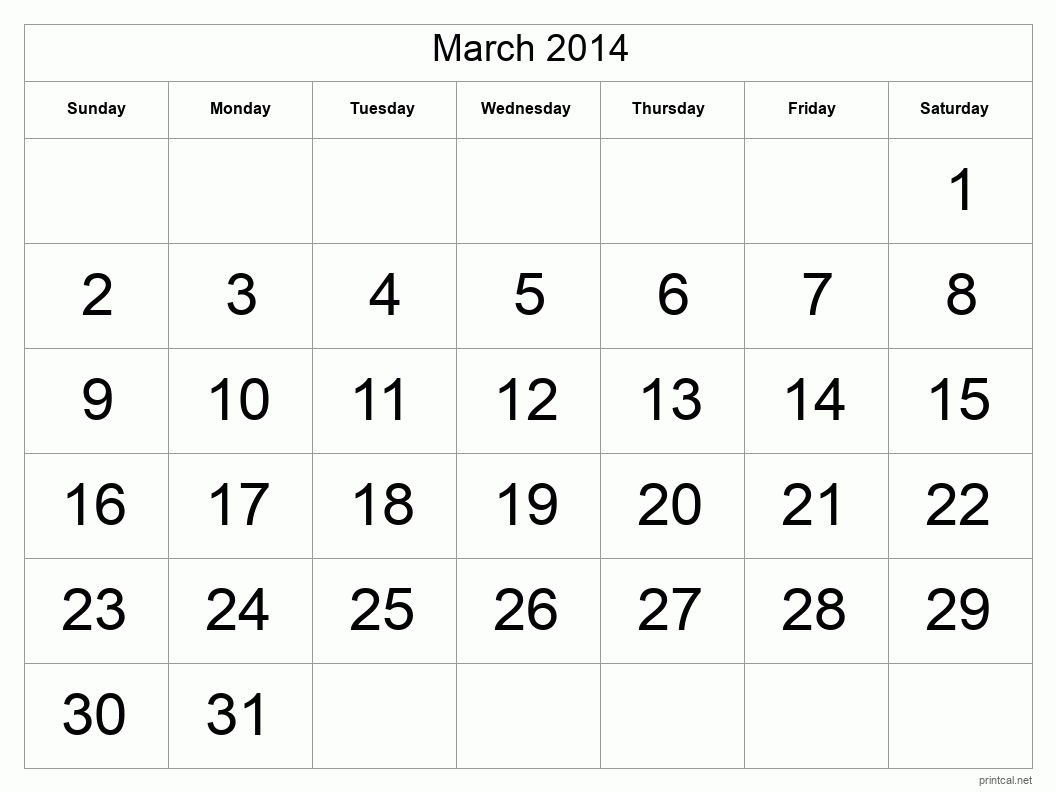 March 2014 Printable Calendar - Big Dates