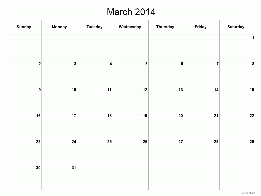 March 2014 Printable Calendar - Classic Blank Sheet