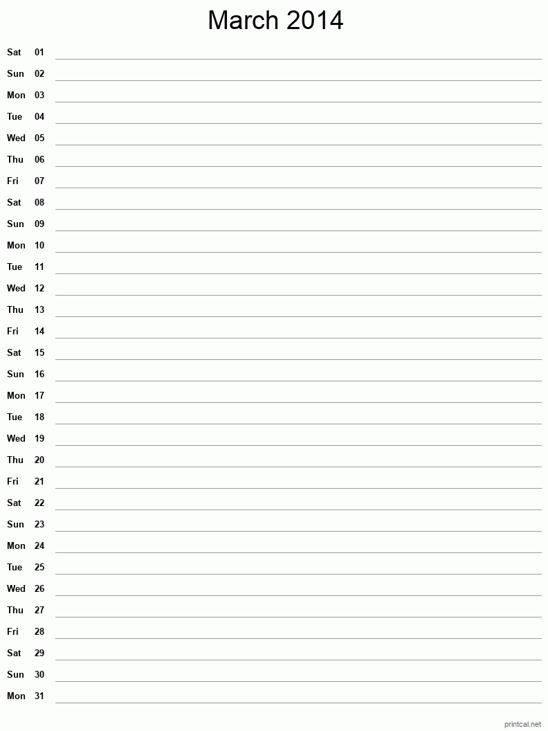 March 2014 Printable Calendar - Single Column Notesheet