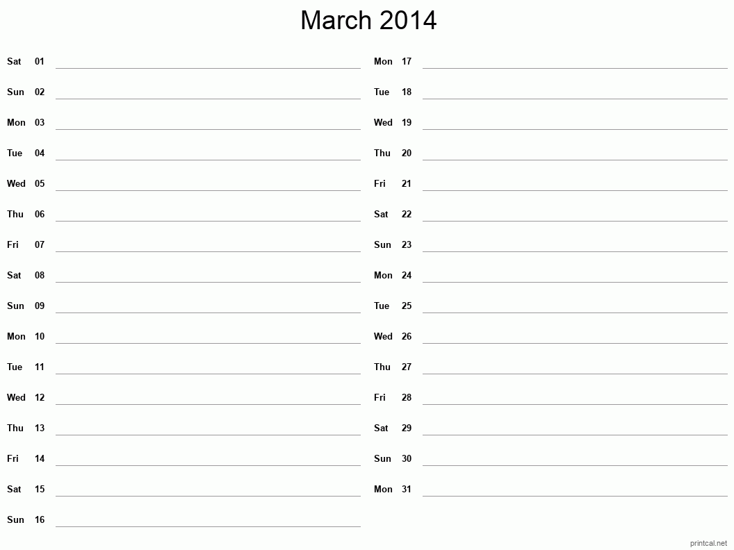 March 2014 Printable Calendar - Two Column Notesheet