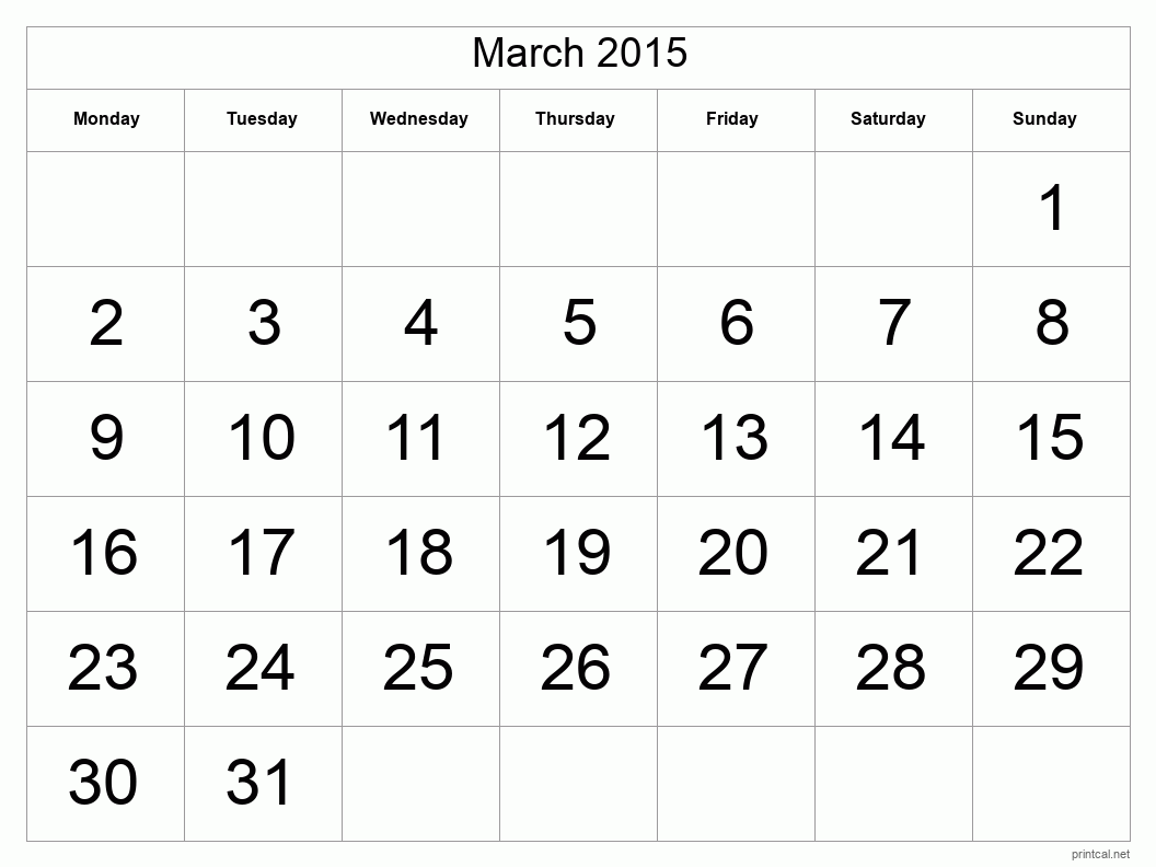 March 2015 Printable Calendar - Big Dates