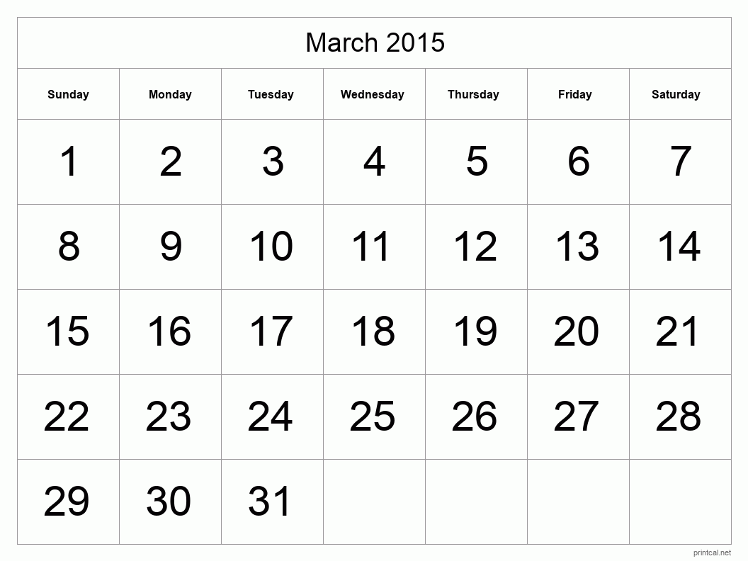 March 2015 Printable Calendar - Big Dates