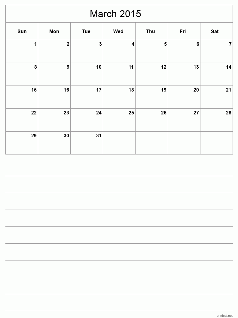 March 2015 Printable Calendar - Half-Page With Notesheet