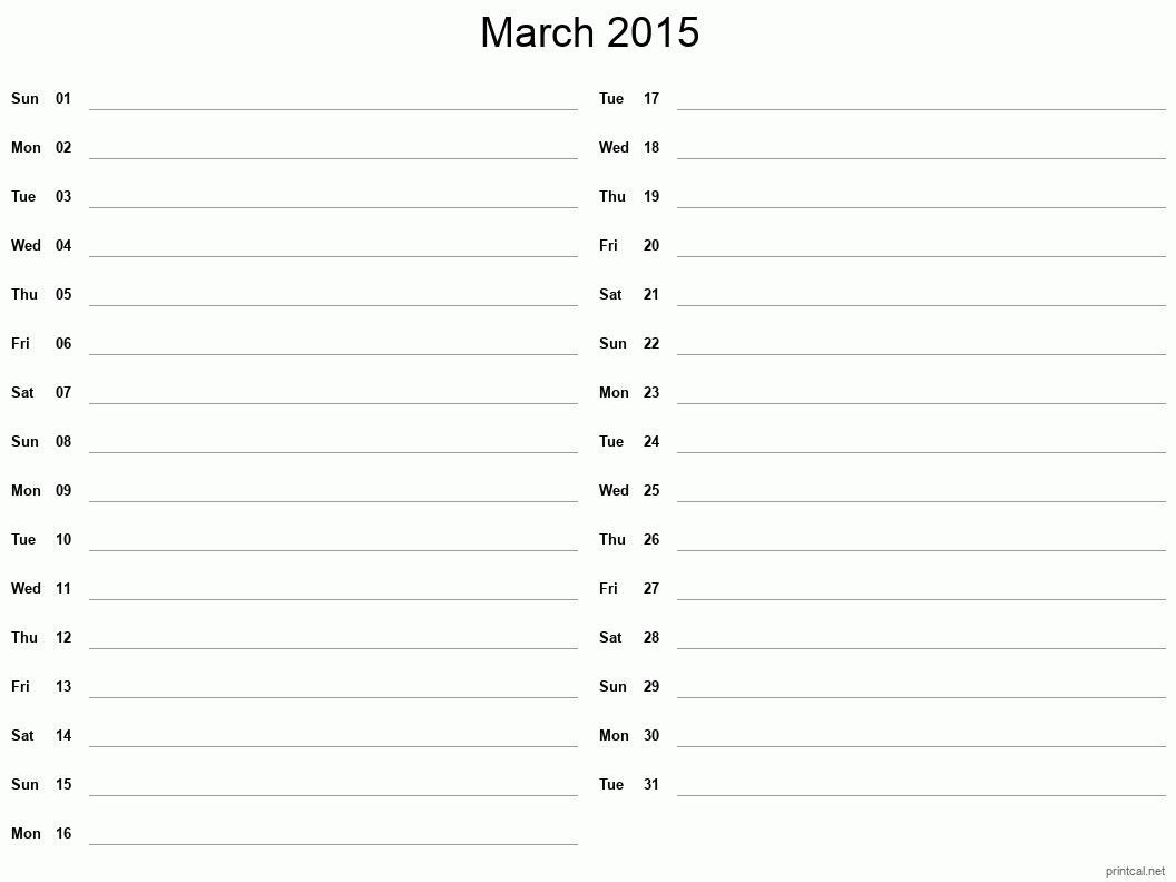 March 2015 Printable Calendar - Two Column Notesheet