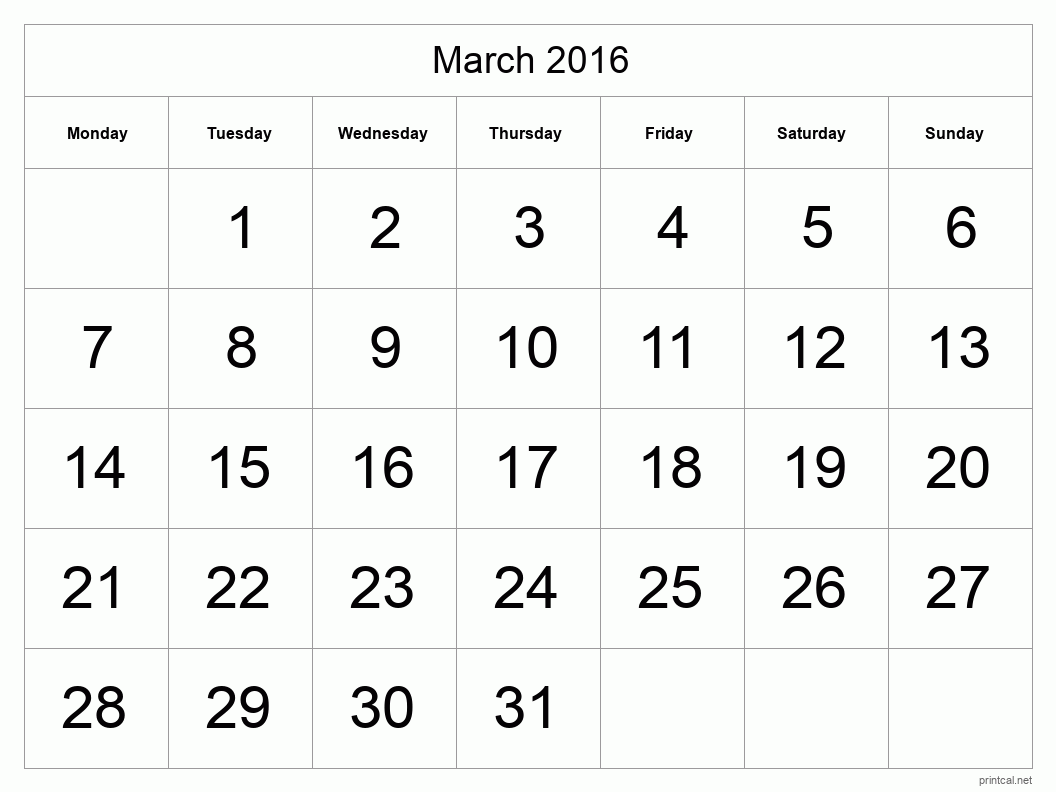 March 2016 Printable Calendar - Big Dates