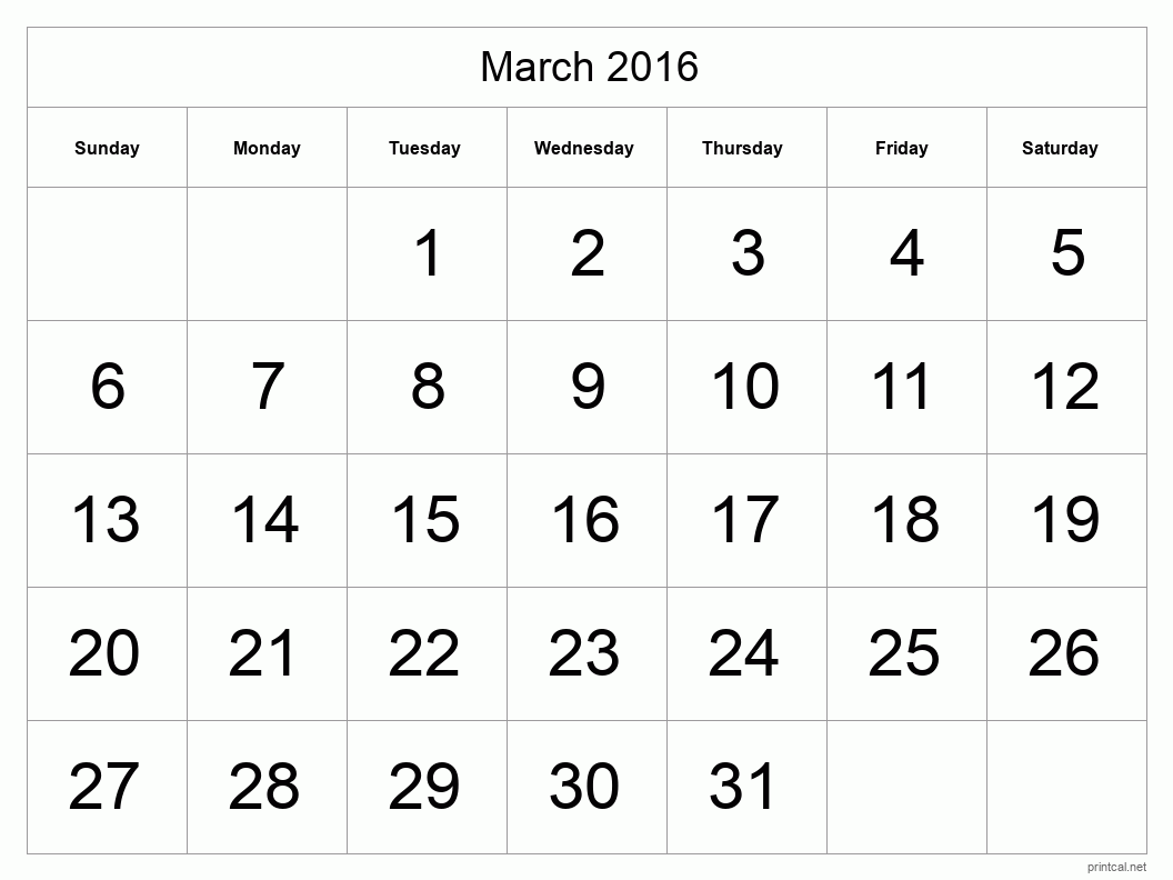 March 2016 Printable Calendar - Big Dates