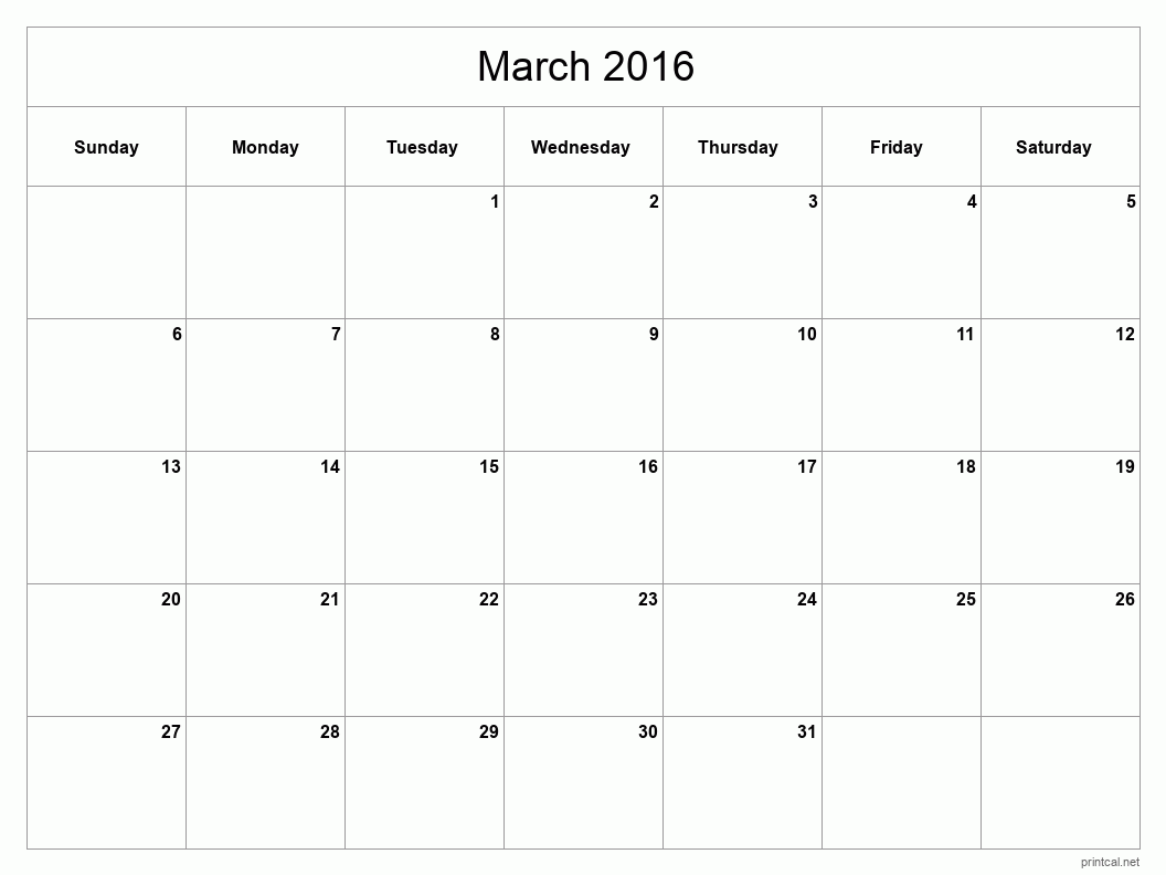 March 2016 Printable Calendar - Classic Blank Sheet