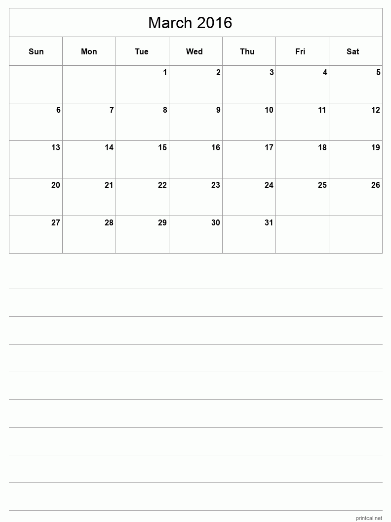 March 2016 Printable Calendar - Half-Page With Notesheet