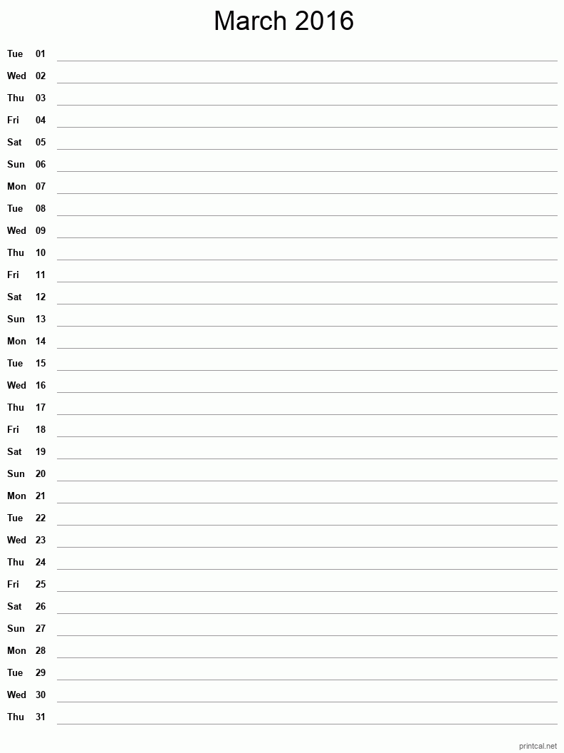 March 2016 Printable Calendar - Single Column Notesheet