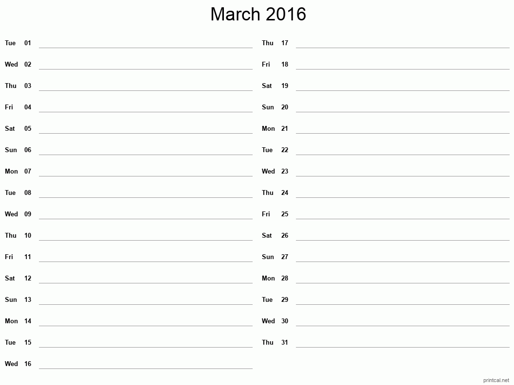 March 2016 Printable Calendar - Two Column Notesheet
