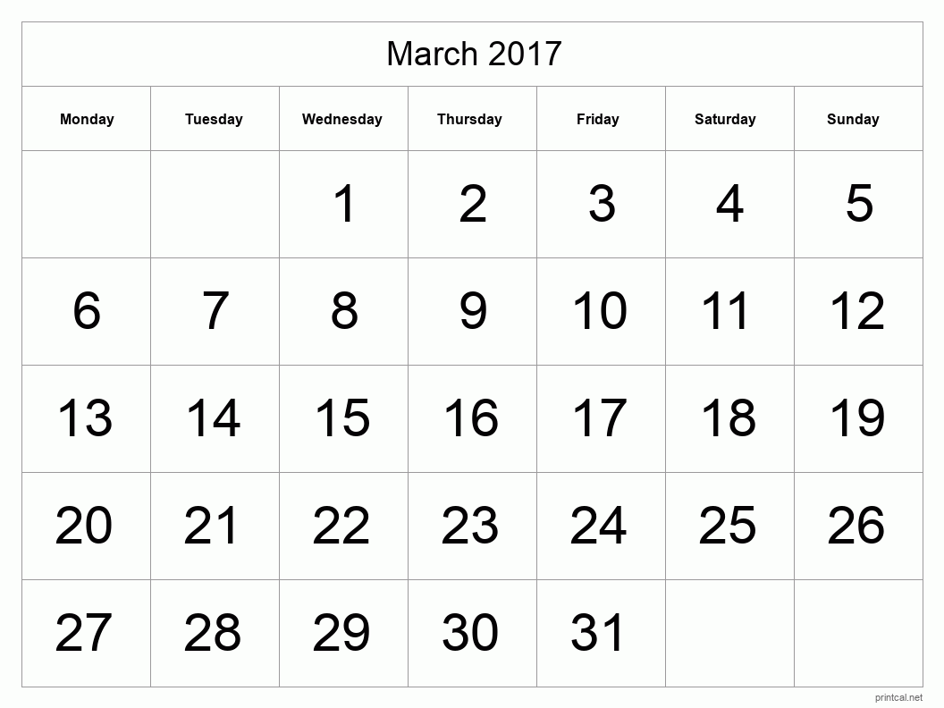 March 2017 Printable Calendar - Big Dates