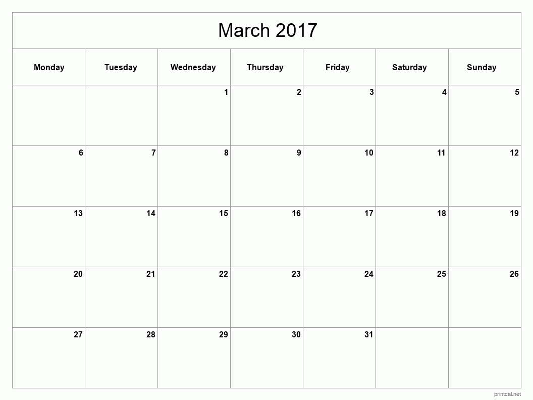 March 2017 Printable Calendar - Classic Blank Sheet