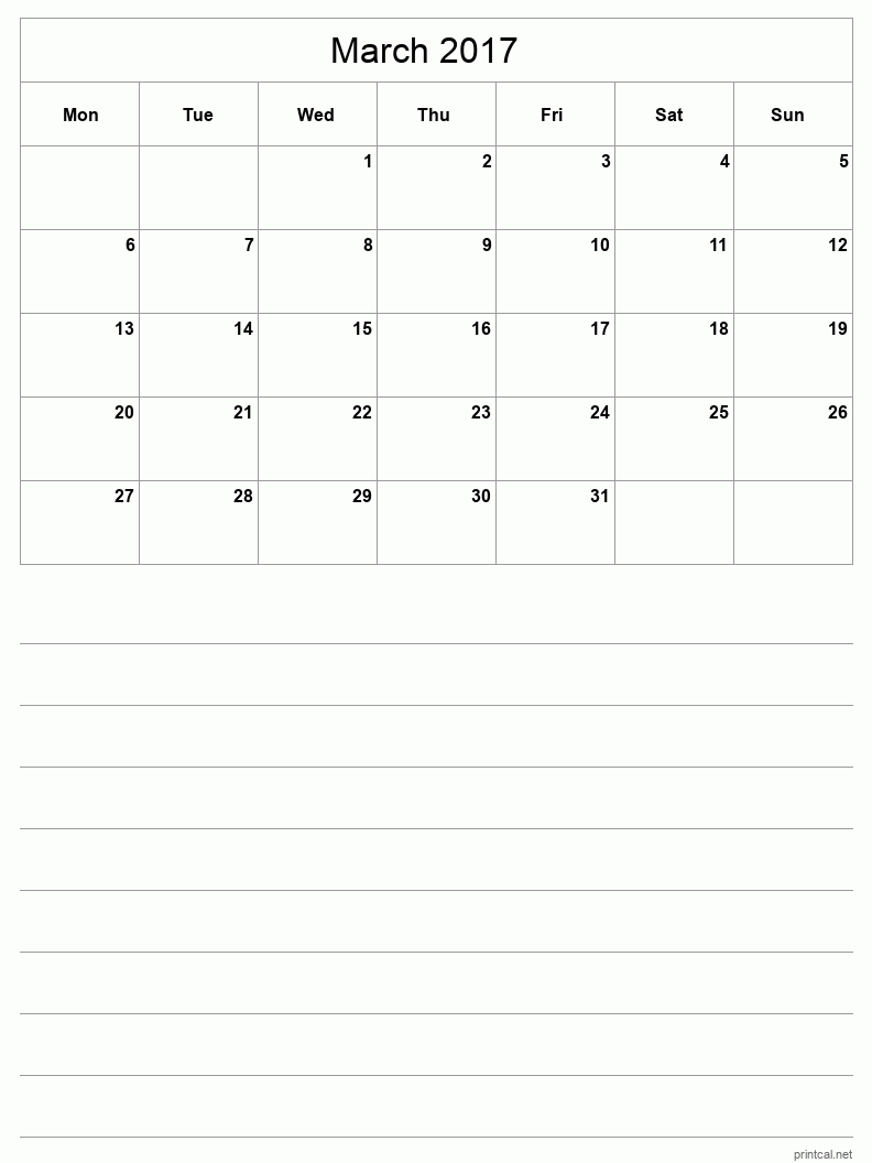 March 2017 Printable Calendar - Half-Page With Notesheet