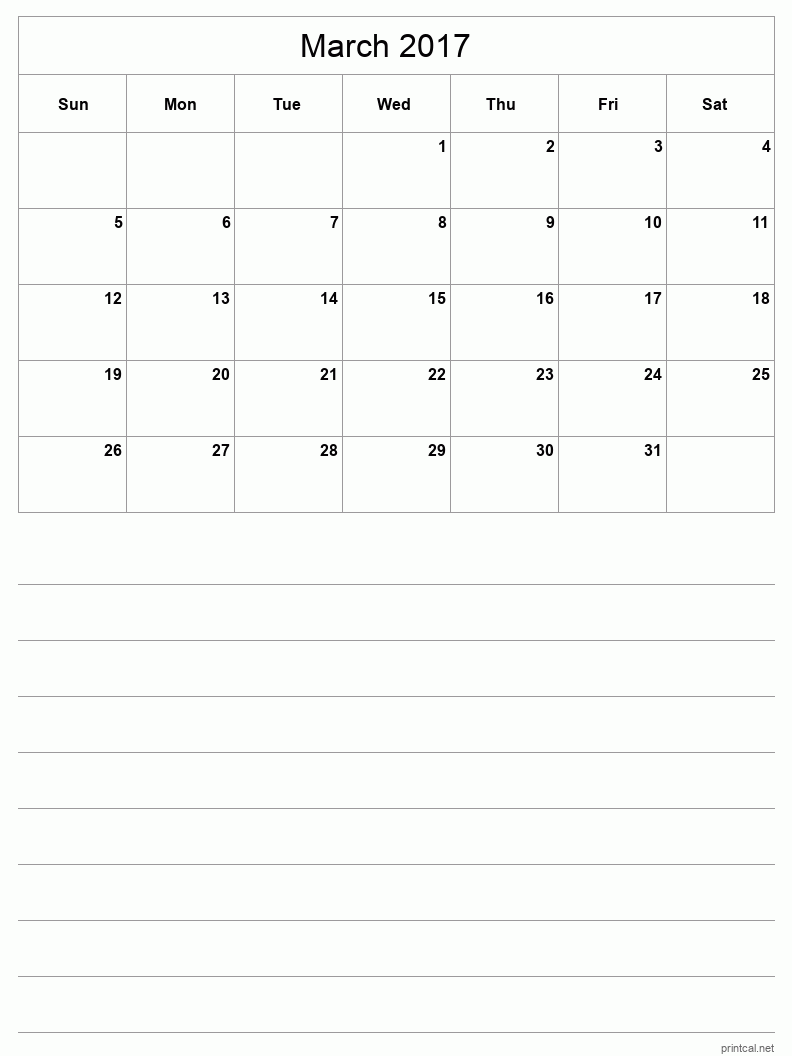 March 2017 Printable Calendar - Half-Page With Notesheet