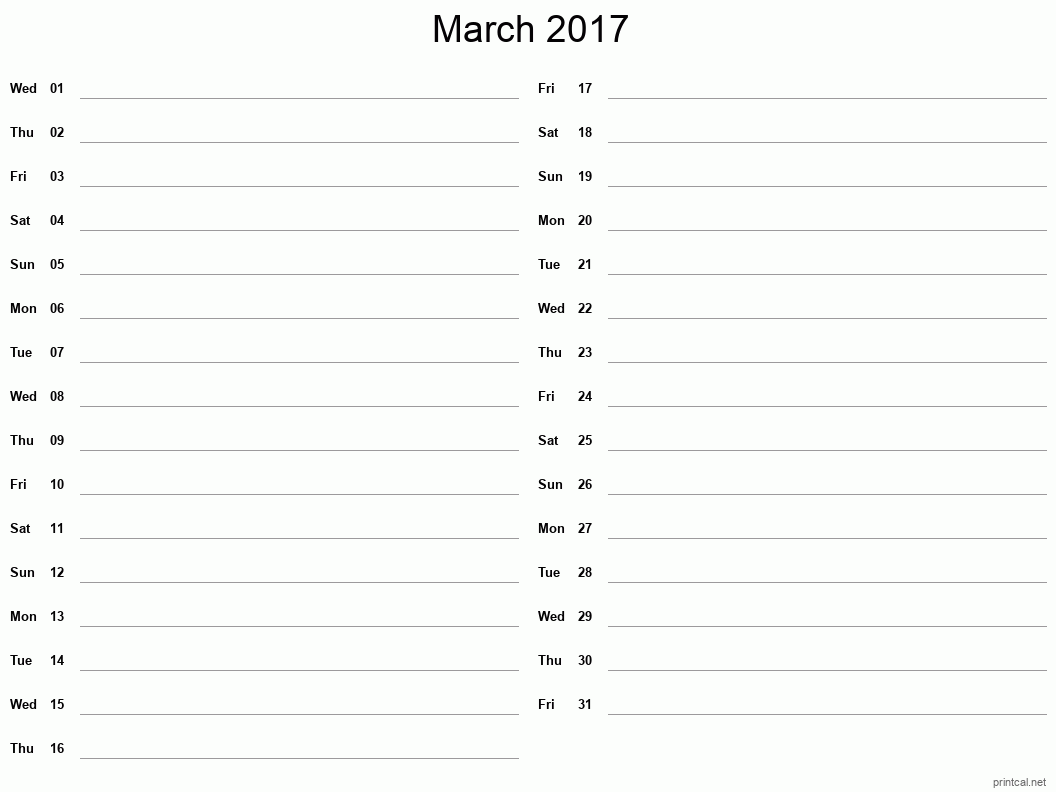 March 2017 Printable Calendar - Two Column Notesheet