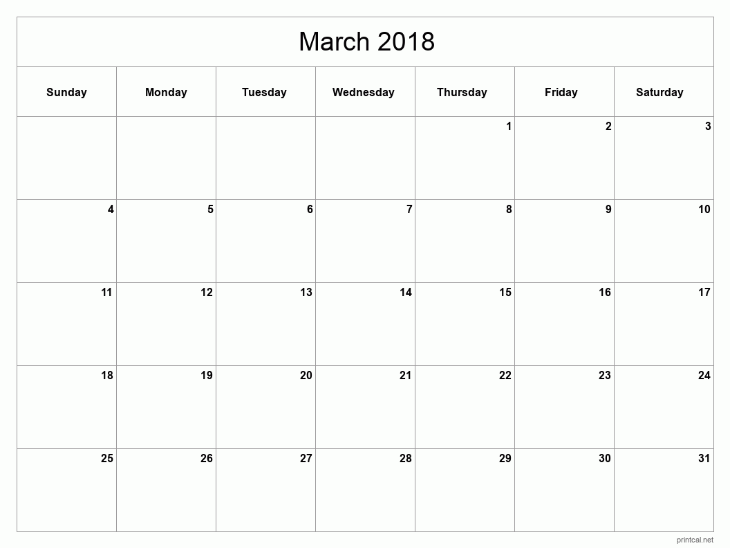 March 2018 Printable Calendar - Classic Blank Sheet