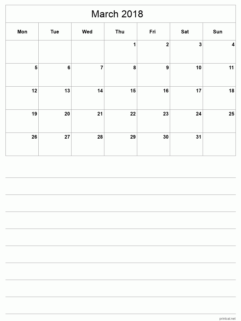 March 2018 Printable Calendar - Half-Page With Notesheet