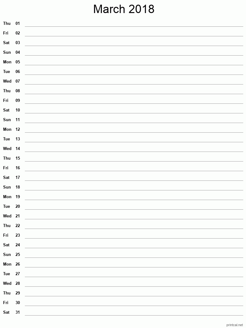 March 2018 Printable Calendar - Single Column Notesheet