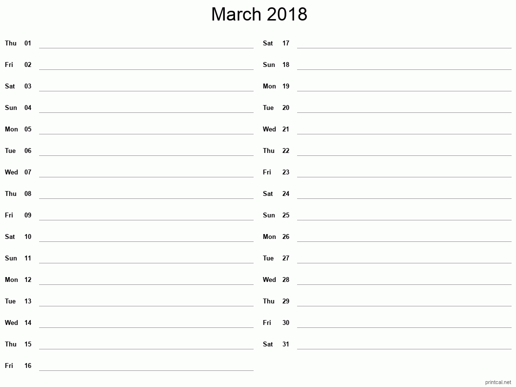 March 2018 Printable Calendar - Two Column Notesheet