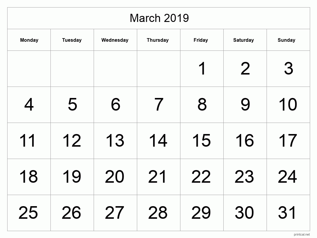 March 2019 Printable Calendar - Big Dates