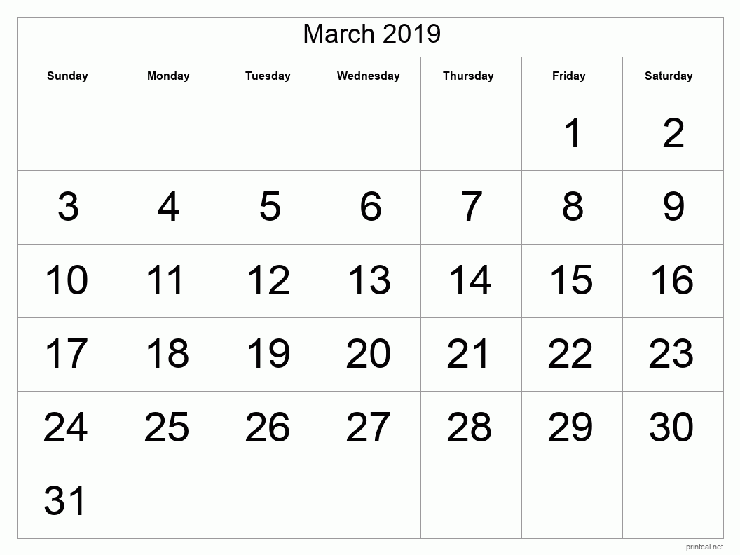 March 2019 Printable Calendar - Big Dates