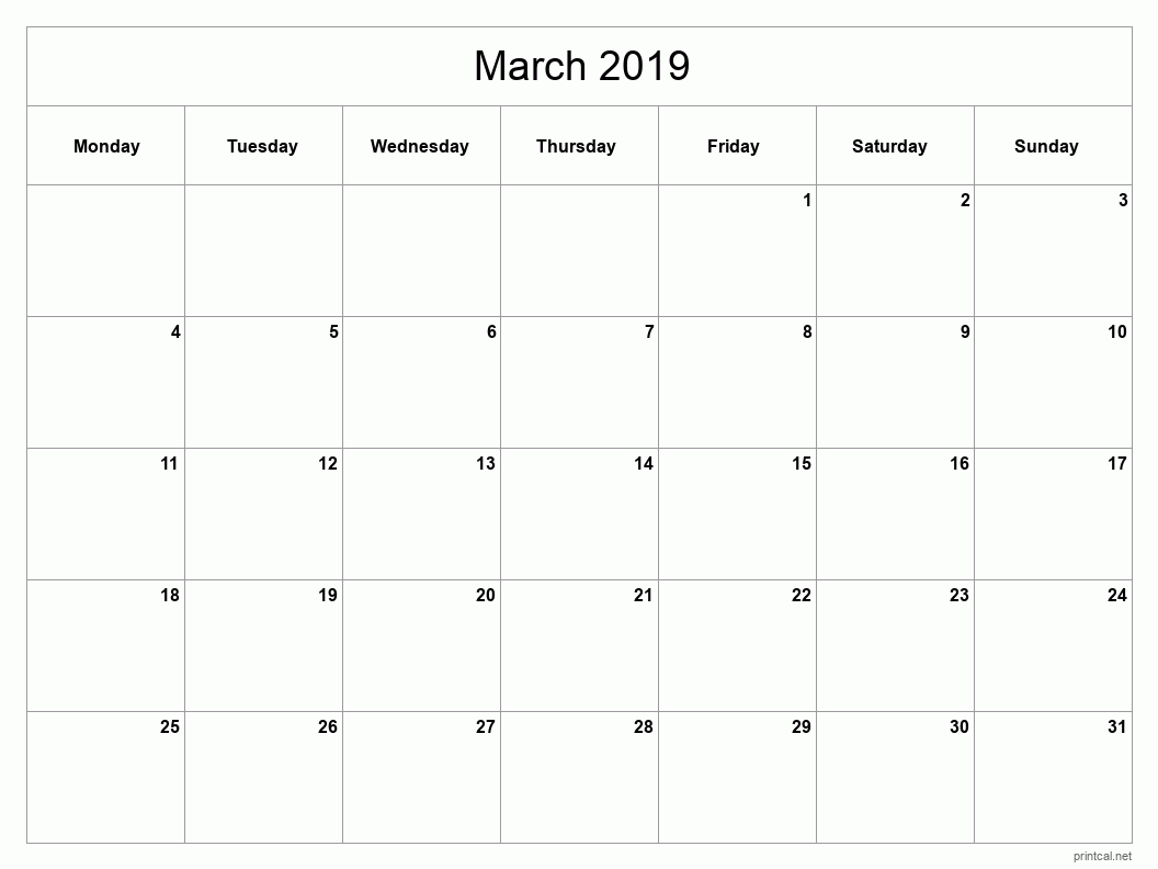 March 2019 Printable Calendar - Classic Blank Sheet