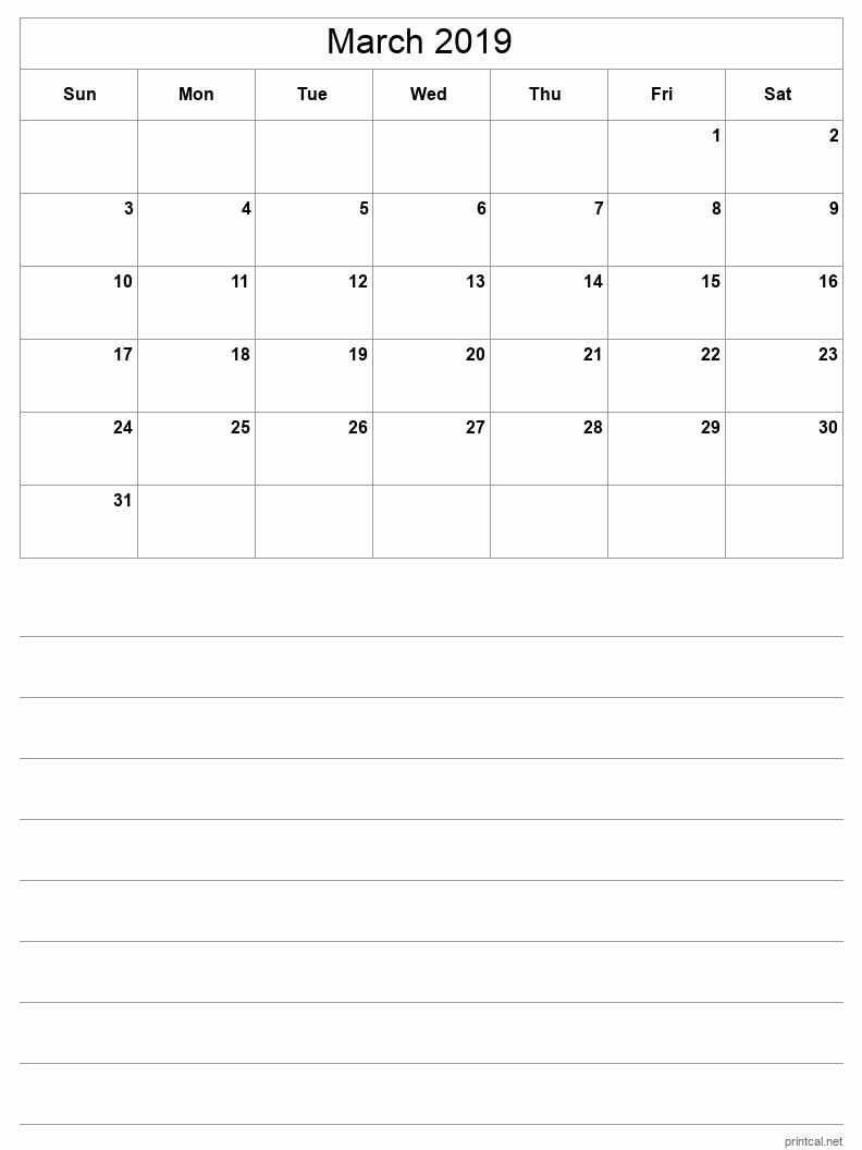 March 2019 Printable Calendar - Half-Page With Notesheet