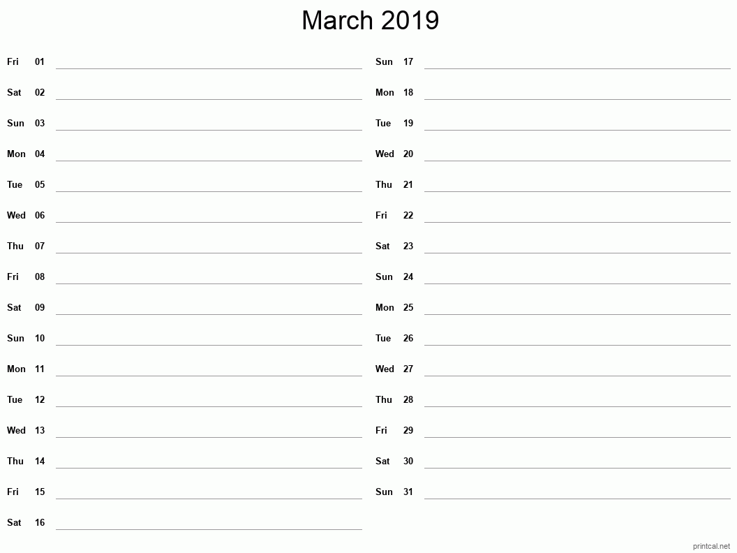 March 2019 Printable Calendar - Two Column Notesheet