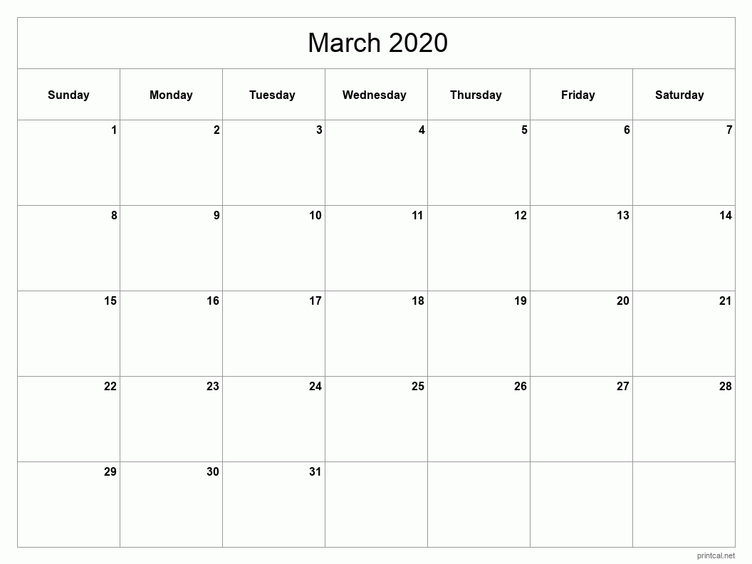 March 2020 Printable Calendar - Classic Blank Sheet