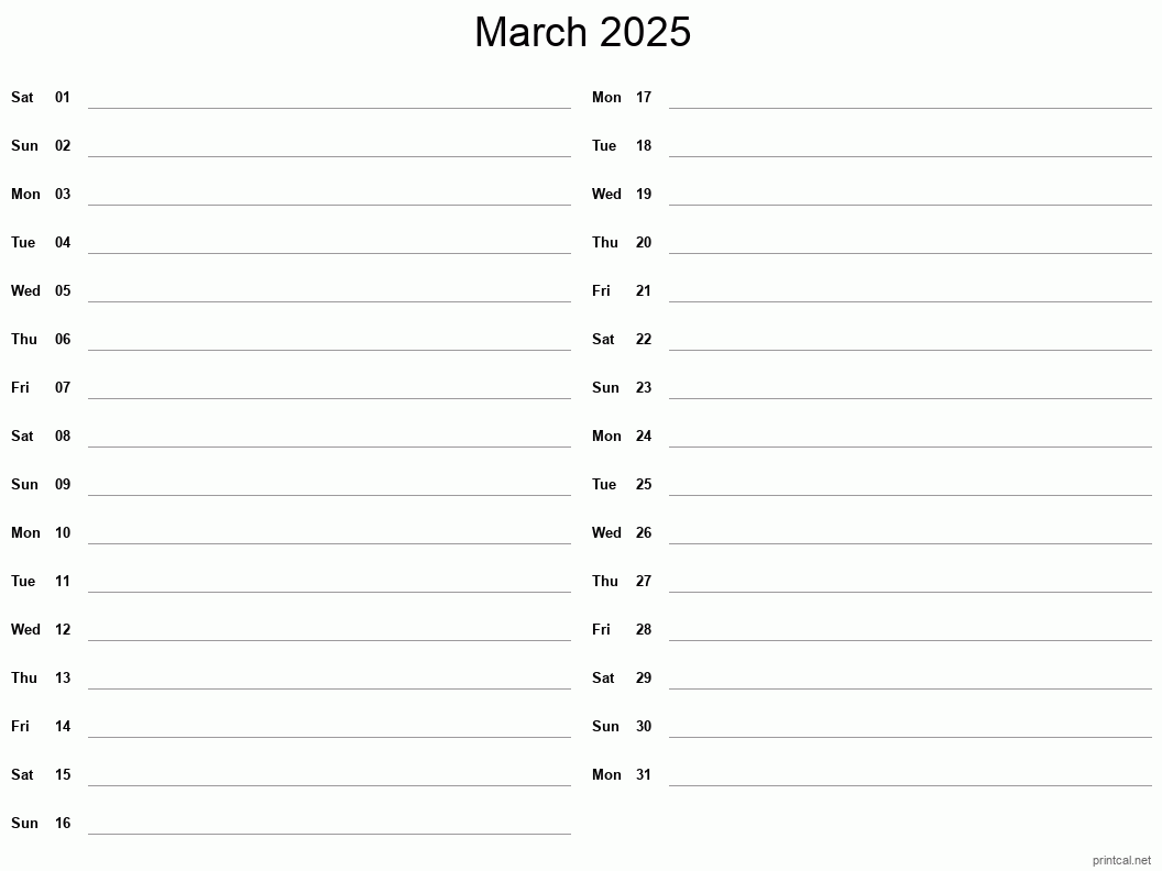 March 2025 Printable Calendar - Two Column Notesheet