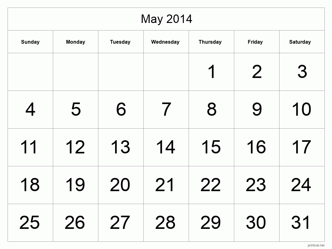 May 2014 Printable Calendar - Big Dates