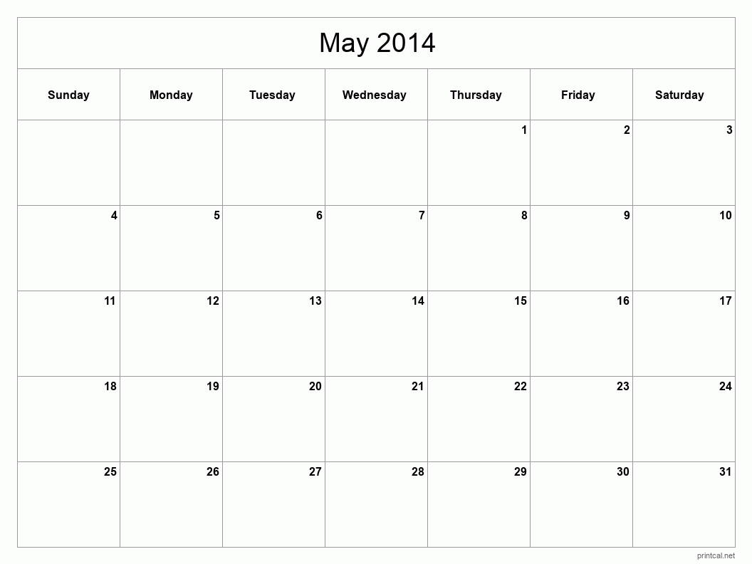 May 2014 Printable Calendar - Classic Blank Sheet