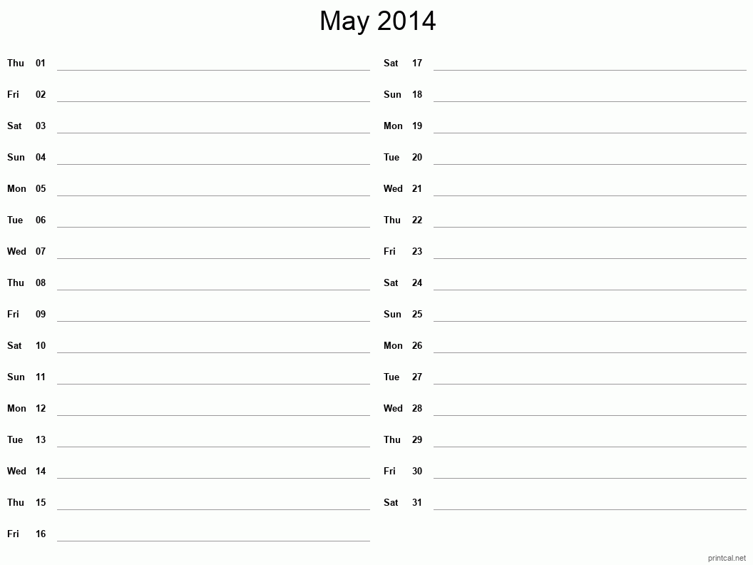 May 2014 Printable Calendar - Two Column Notesheet