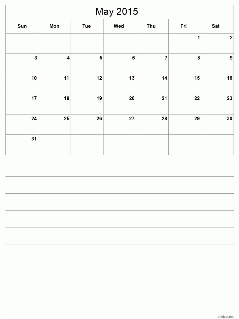 May 2015 Printable Calendar - Half-Page With Notesheet