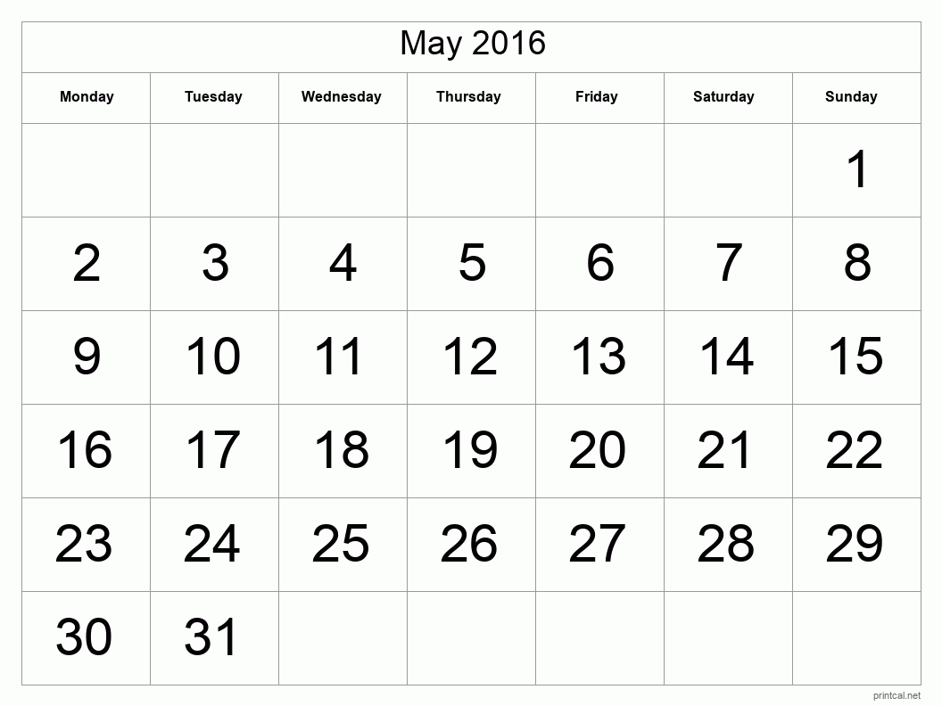 May 2016 Printable Calendar - Big Dates