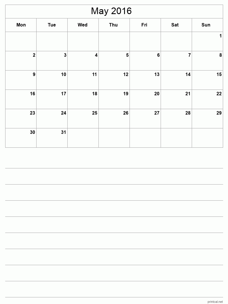 May 2016 Printable Calendar - Half-Page With Notesheet