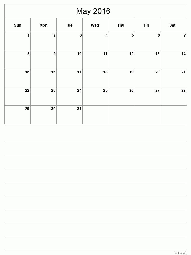 May 2016 Printable Calendar - Half-Page With Notesheet