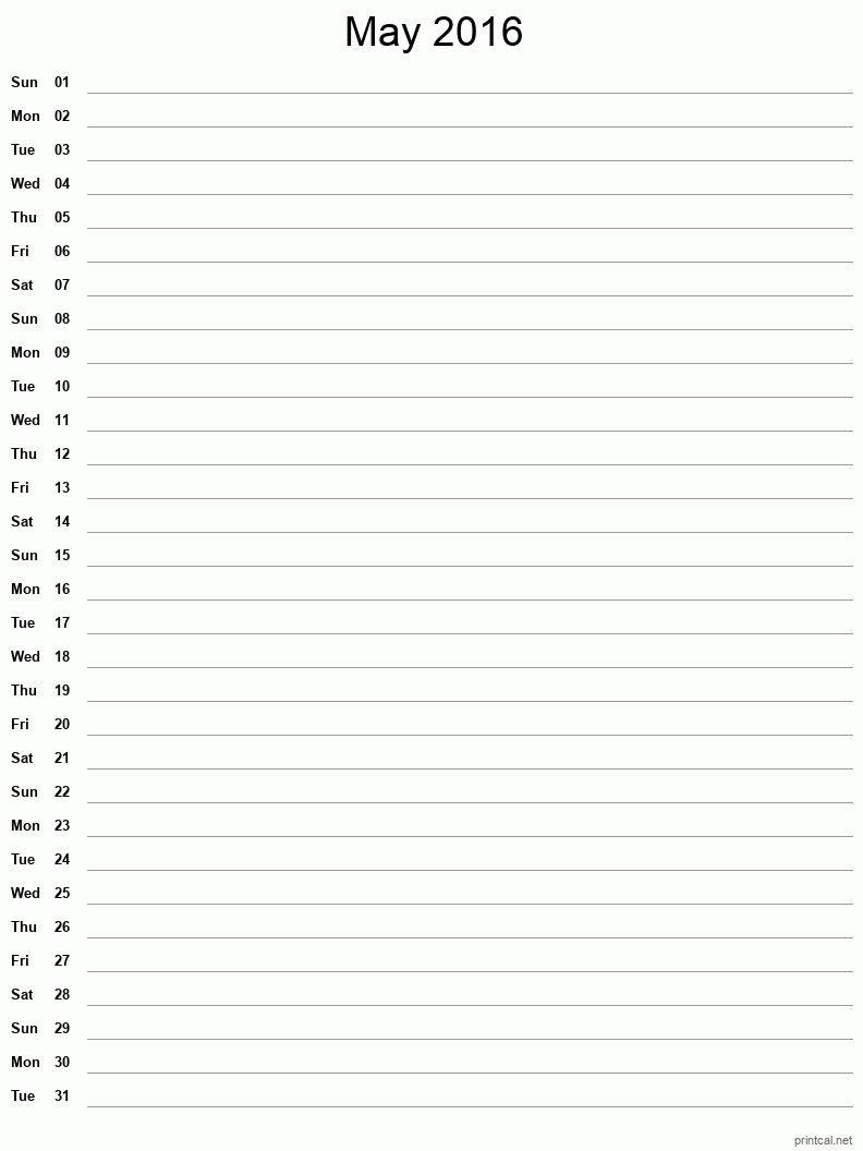 May 2016 Printable Calendar - Single Column Notesheet