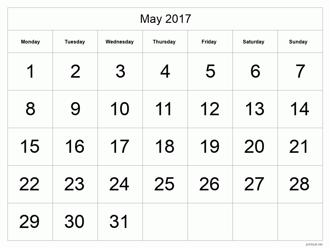 May 2017 Printable Calendar - Big Dates