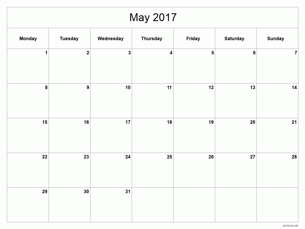 May 2017 Printable Calendar - Classic Blank Sheet