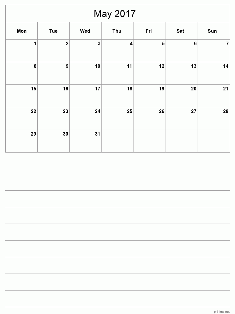 May 2017 Printable Calendar - Half-Page With Notesheet