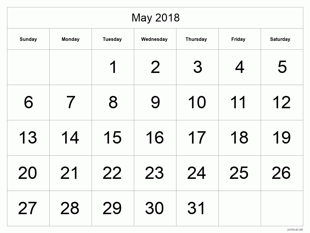May 2018 Printable Calendar - Big Dates