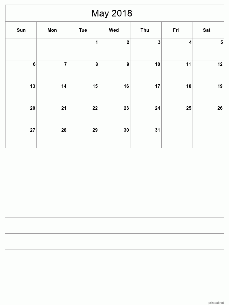 May 2018 Printable Calendar - Half-Page With Notesheet