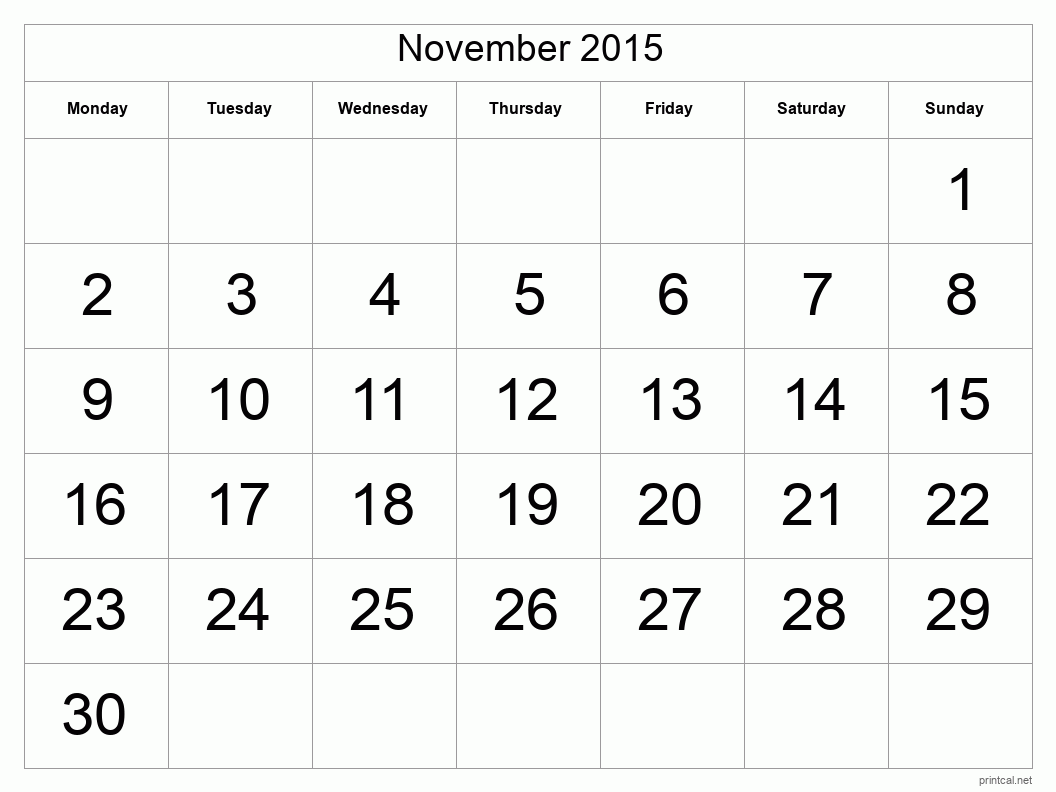 November 2015 Printable Calendar - Big Dates