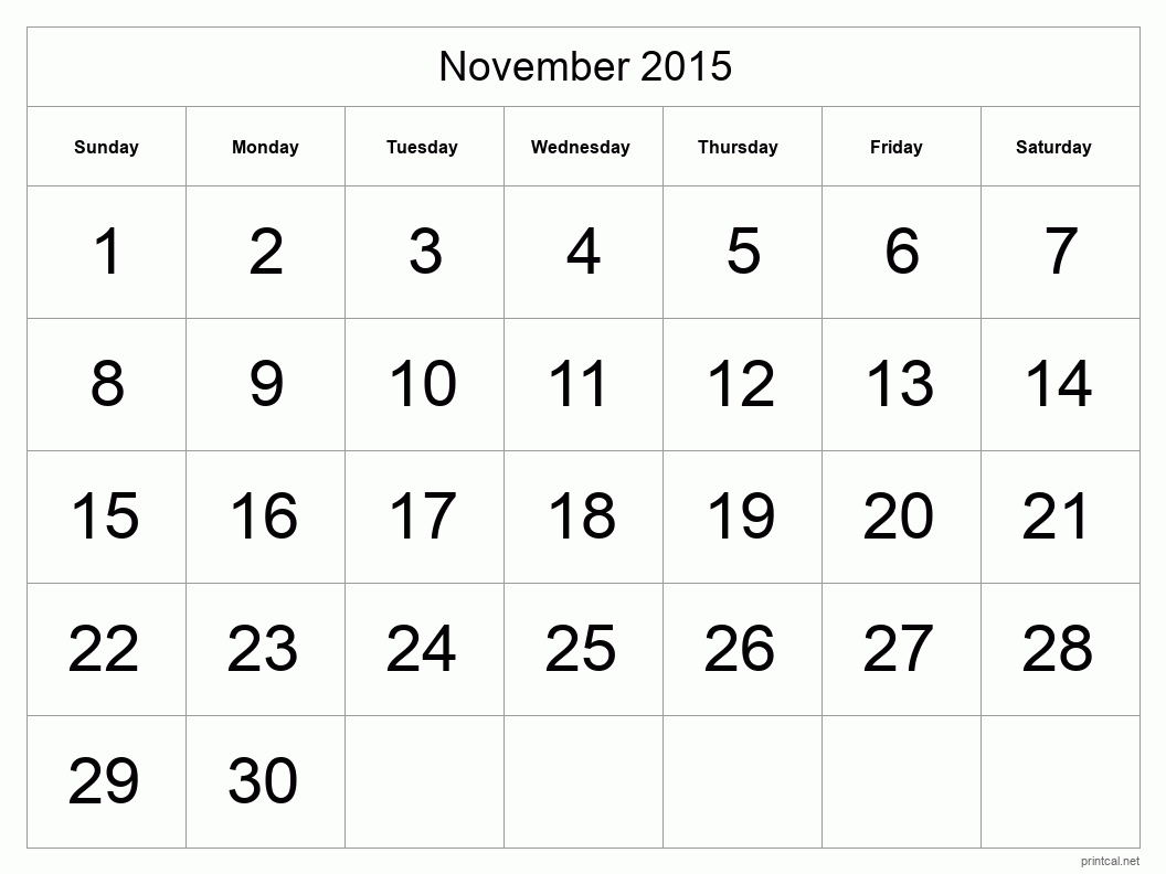 November 2015 Printable Calendar - Big Dates