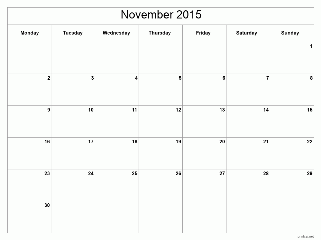 November 2015 Printable Calendar - Classic Blank Sheet
