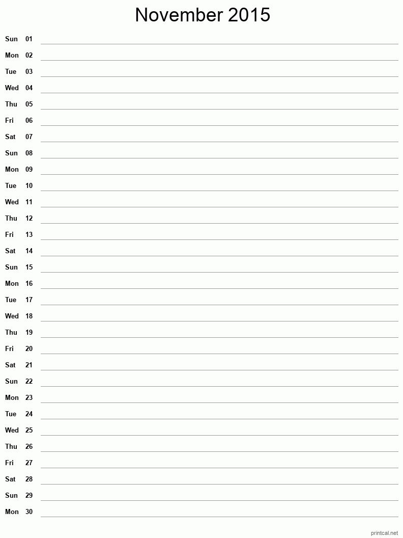 November 2015 Printable Calendar - Single Column Notesheet