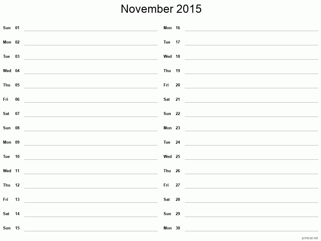 November 2015 Printable Calendar - Two Column Notesheet