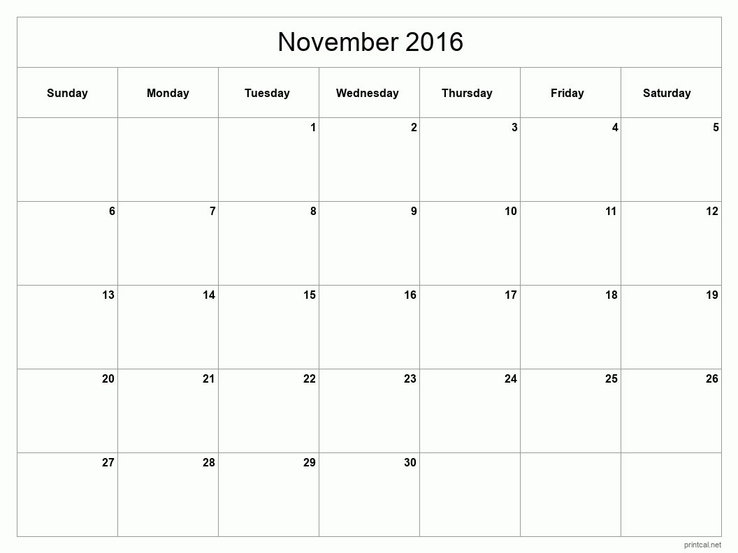 November 2016 Printable Calendar - Classic Blank Sheet