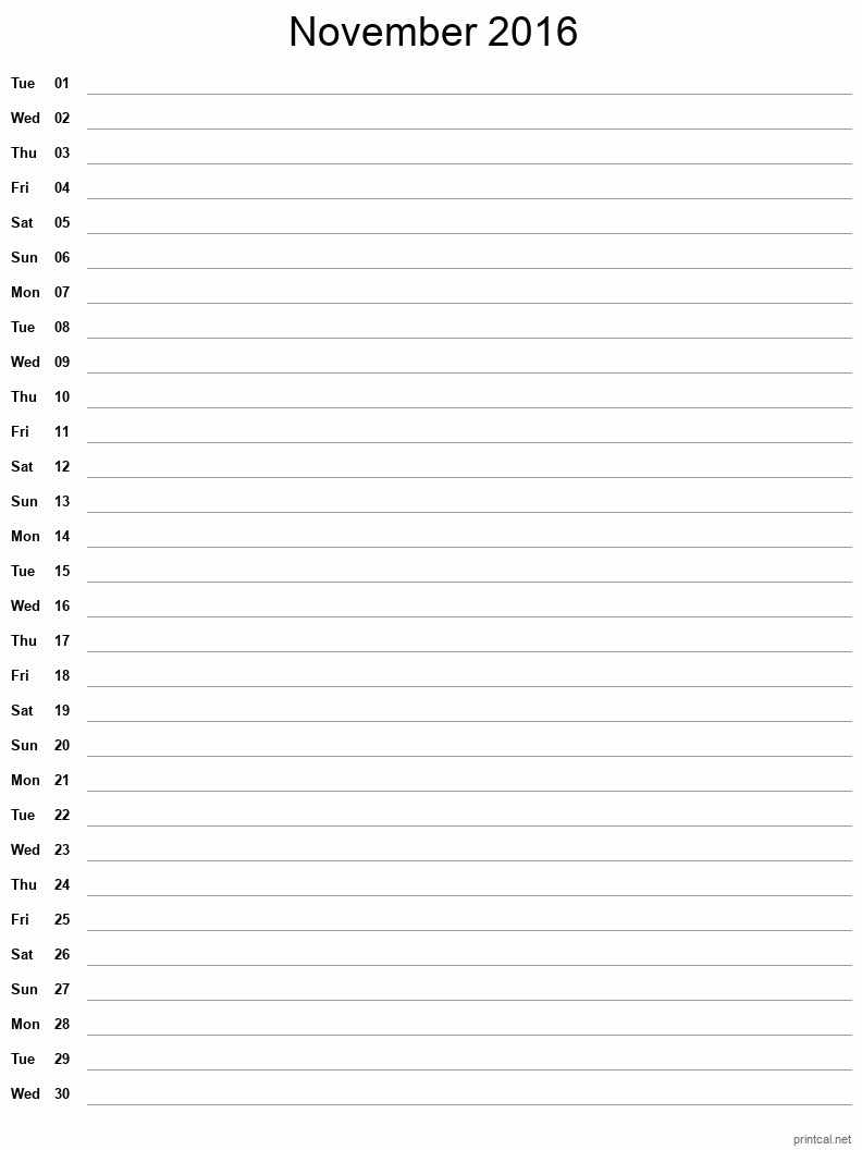 November 2016 Printable Calendar - Single Column Notesheet